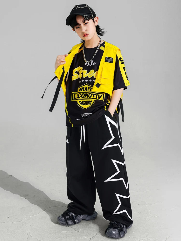 Boys Hip Hop Contrast T-shirt Yellow Vest Sweat Pants Girls Street Dance Jazz Costume Children Clothes Set Kids K-pop Streetwear