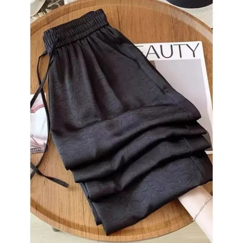 plus Size Satin Ice Silk Wide Leg Pants Women's Summer Thin Cool Casual Straight Leg Trousers Comfortable Loose Fit Long Pants