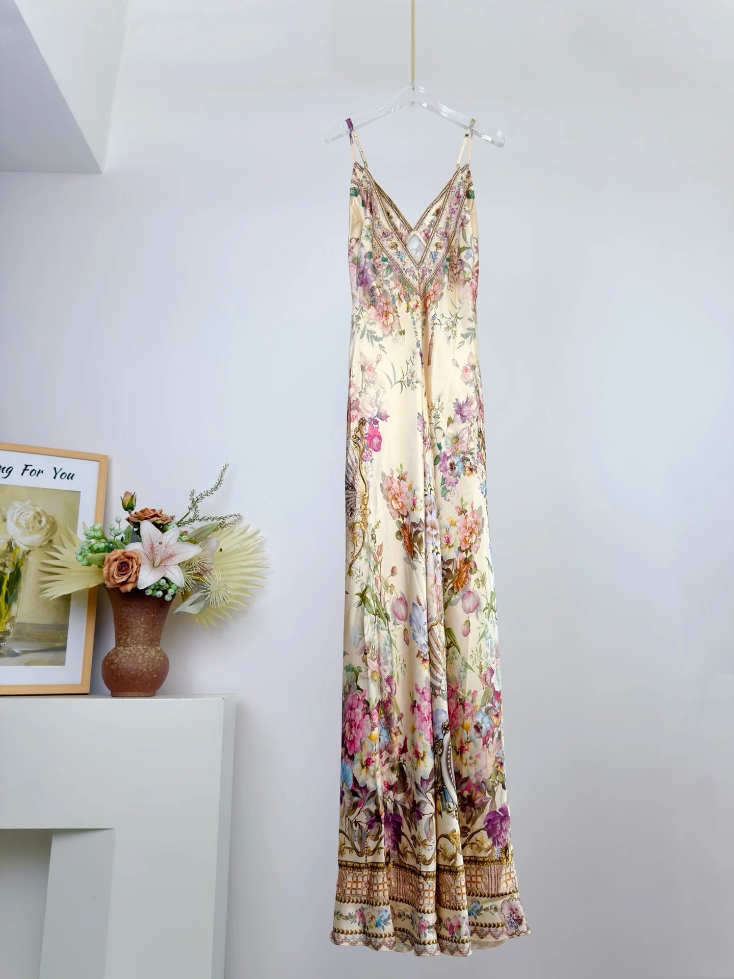 Women Silk Flower Printed Long Dress Heavy Beaded V-Neck Lantern Sleeve Loose Female dress