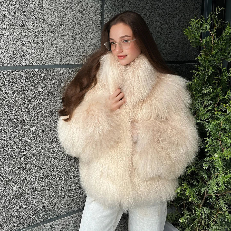Natural Sheepskin Coat With Stand Collar Natural Sheep Fur Coat Full Skin Lamb Fur Jacket Best Selling Women's Leather Jacket