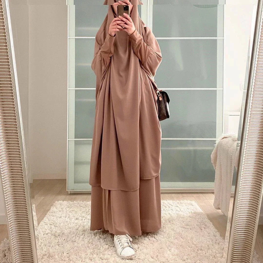 15 Colors Eid Hooded Muslim Dress Set Women Hijab Dress Prayer Garment Islamic Abaya Long Khimar Ramadan Gown Abayas Skirt Suit