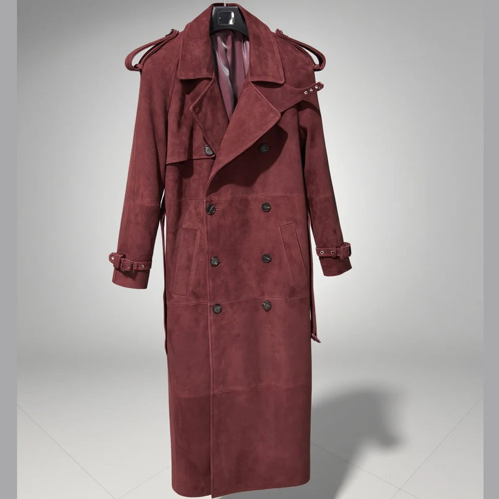 Suede Burgundy Long Coat Double Breasted Windbreak Length 150cm Women's Real Suede Coat