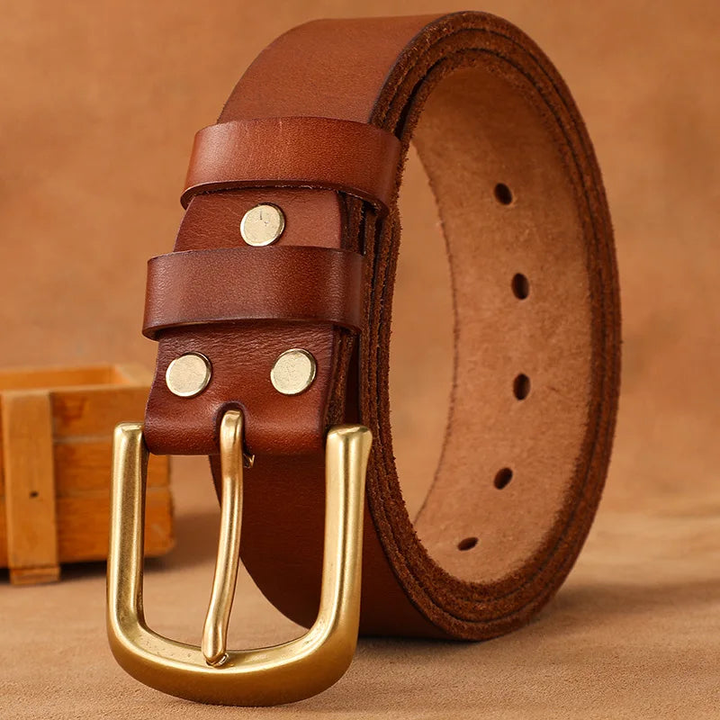 Genuine Leather Belt Men Luxury Strap Male Fashion Pure Cowhide Copper Buckle Wild Classic Retro Pin Buckle High Quality