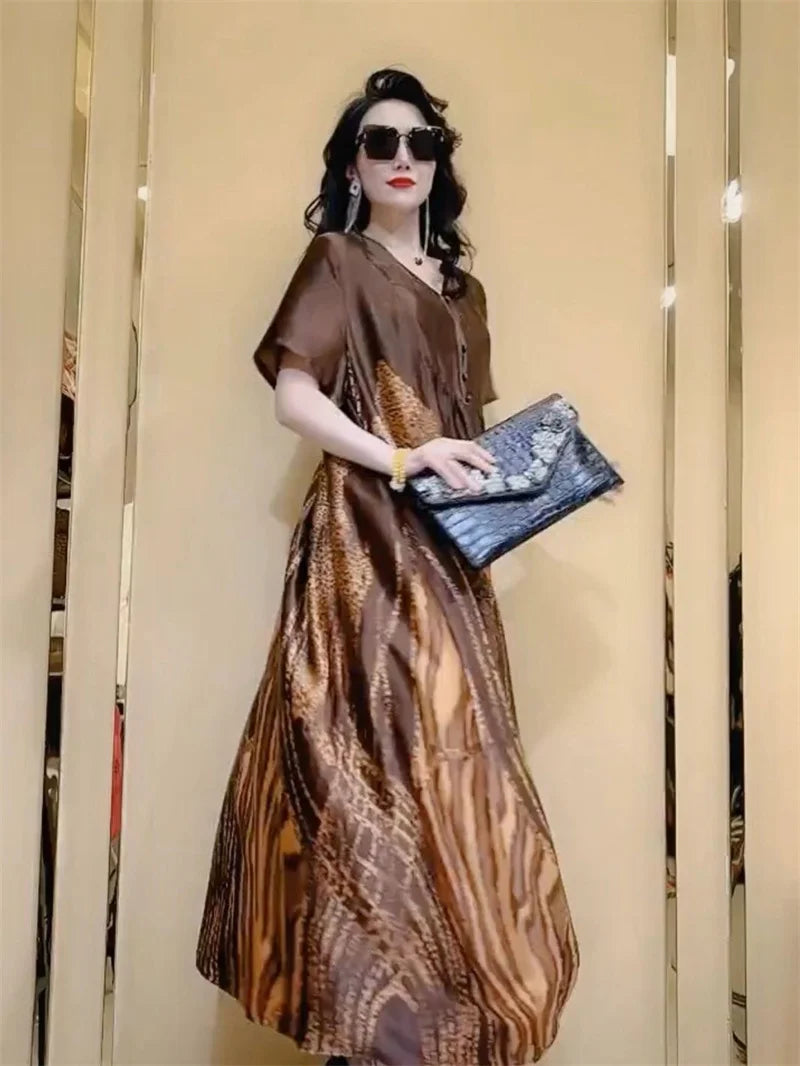 High end brand Ice silk dress 2025 Summer New Style Stylish and Fashionable Covering Belly Slim Women's French Silk Long Dress