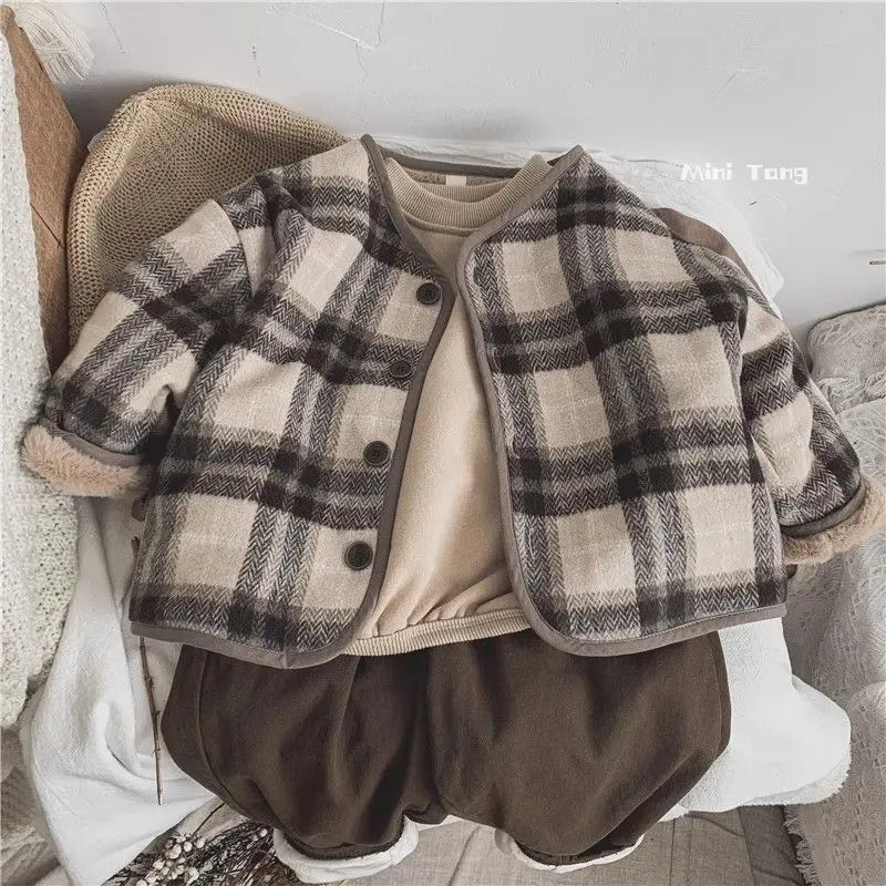 Winter Plush Kids Jackets Kids Outdoor Thicken Warm Coats Woolen Fashion Plaid Children's Velvet Jacket Boys Girls Cotton Jacket