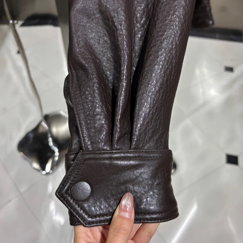 2025 Black Grained Leather Jacket Oversized Leather Coat Stand Collar Real Sheepskin Coat