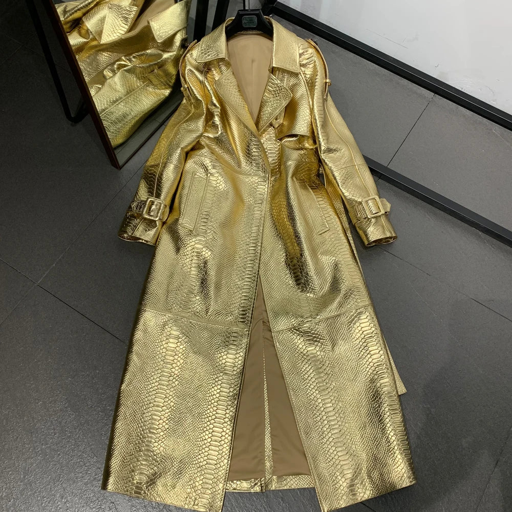 Gold Leather Coat Long Ladies Real Sheepskin Coat Genuine Sheep Leather Windbreak Long 21018