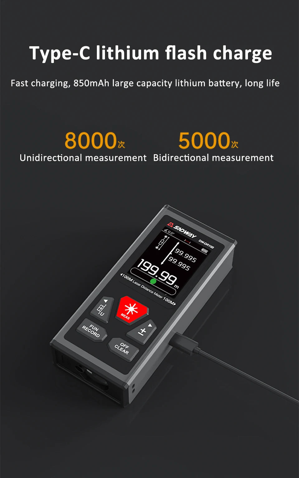 SW-DR/DG Series 2 Way Laser Measure Meter Rangefinder Red/Green Laser Distance Meter 60M/100M Digital Rechargeable Range Finder