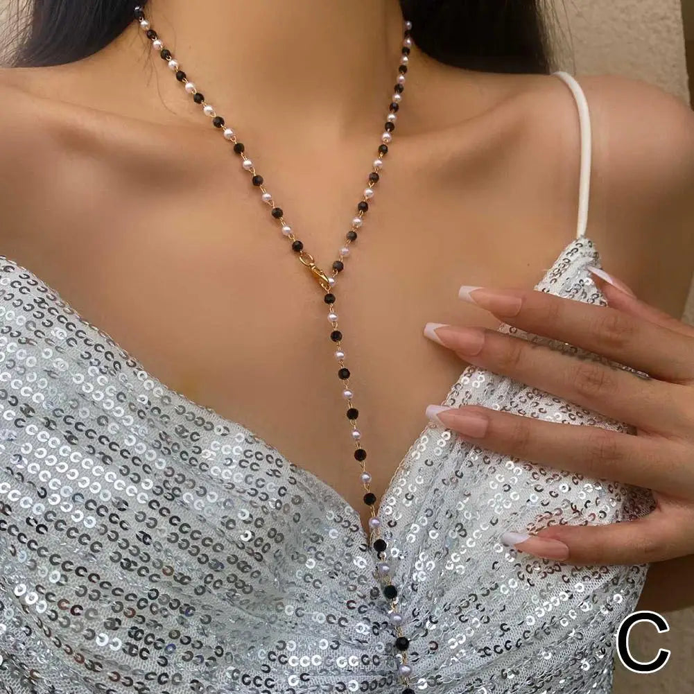 Long Y-Shaped Necklace for Women Bohemian Colorful Glass Metal Collarbone Chain Tassel Clavicle Choker Body Jewelry Gifts