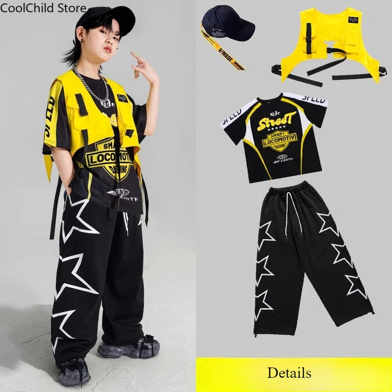 Boys Hip Hop Contrast T-shirt Yellow Vest Sweat Pants Girls Street Dance Jazz Costume Children Clothes Set Kids K-pop Streetwear
