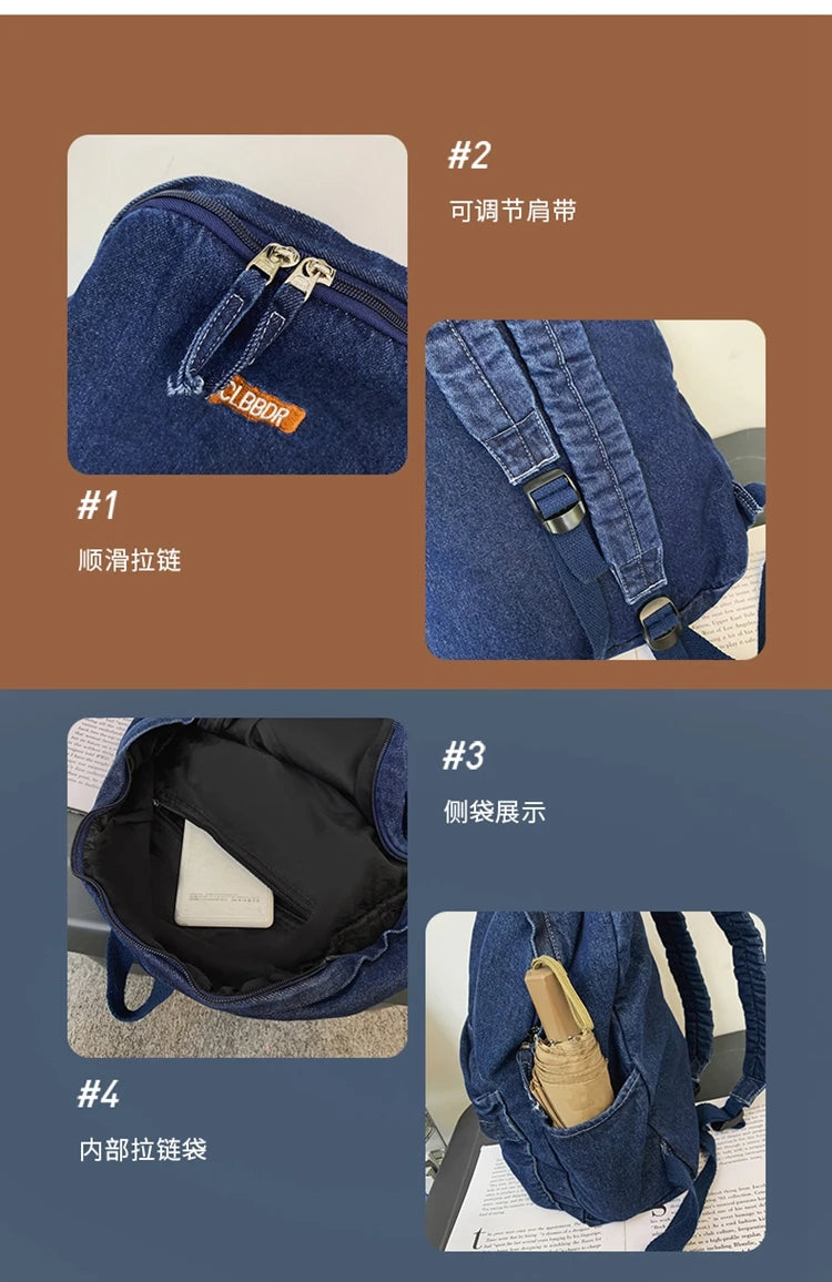 100% Cotton School Bags Solid Black Canvas Casual Backpacks Unisex Large Capacity Denim Satchels Soft Cloth Travel Packages
