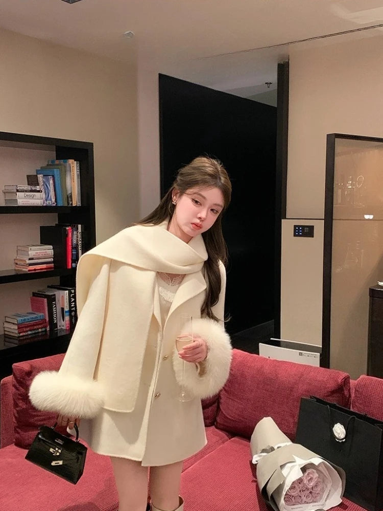 Elegant Wool Coat Warm Women Double Faced Luxury Real Fox Fur Sleeves 100 Wool Scarf Autumn Winter 2025 New Fashion Trench Coat
