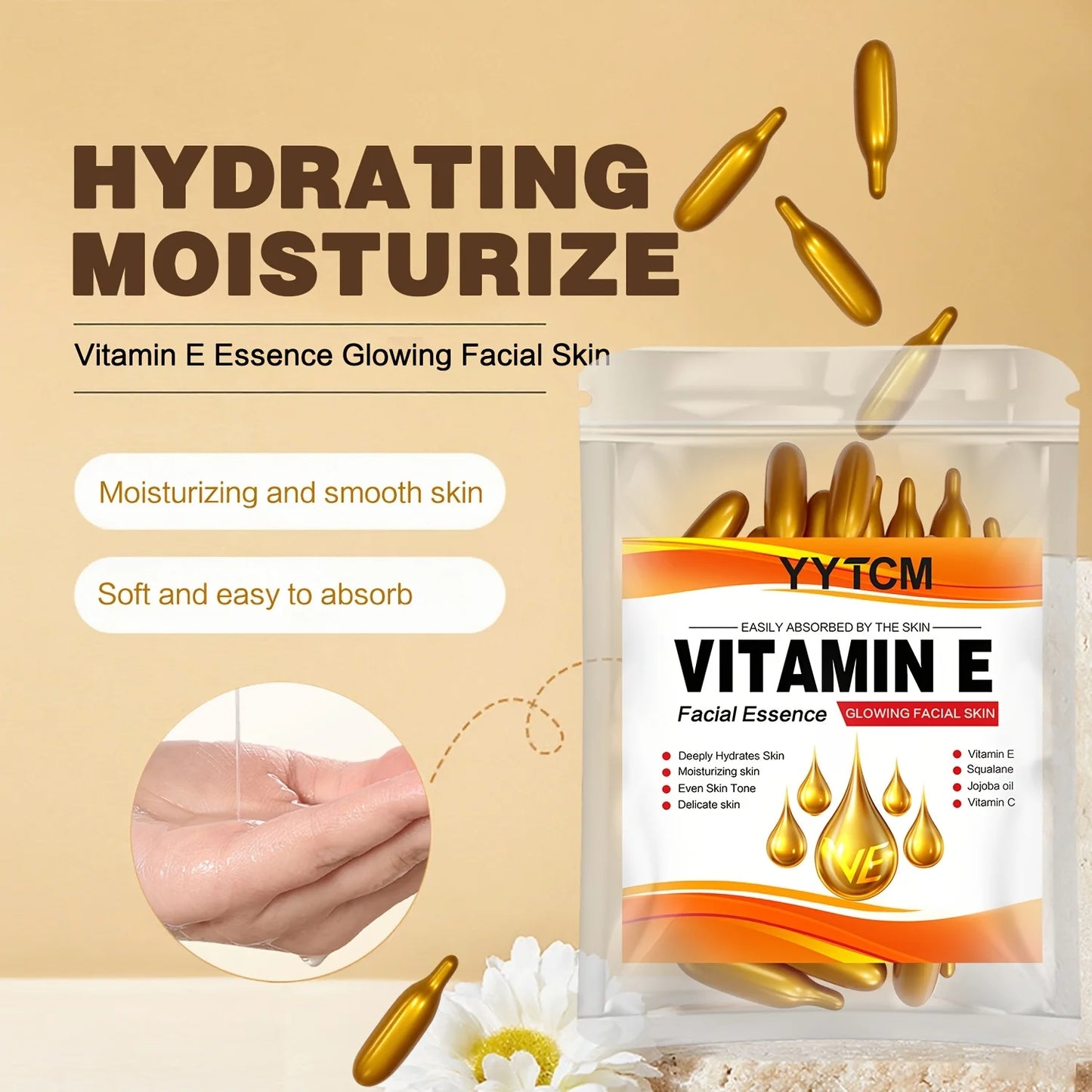 Vitamin E Deep Moisturizing Capsule Essence, Hydrates and Smoothes the Skin, Contains Plant Squalane, Vitamin C, Deep Hydrating and Brightening Skin Essence (0.4g X 30 Capsules)/Bag-1 Bag