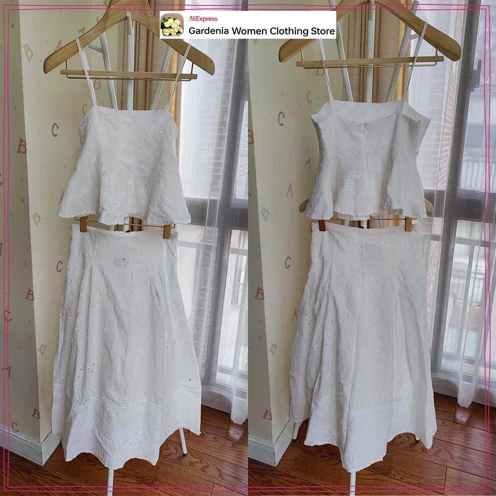 Women Summer Vacation Co Ord Outfits Elegant White Embroidered 2 Piece Set Cropped Top with Thin Straps Matching Cape Midi Skirt