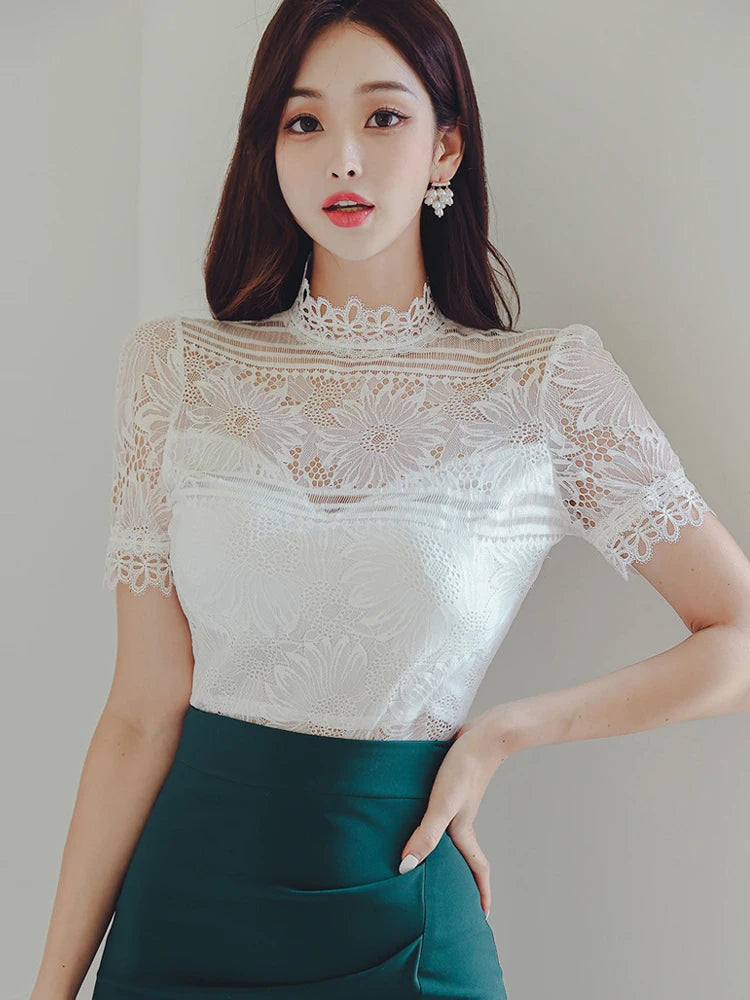 Summer Women Clothes Fashion Elegant 2 Pieces Outfit Sheer Sexy Lace White Tops Shirt Blouse And High Waist Midi Skirt Mujer Set