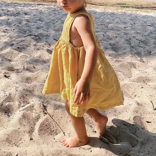 Linen Sleeveless Vest Dress Girls 2026 Summer New Cute Sunshine Baby Girl Dress Waist Pleated Round Neck Cotton Linen Dresses