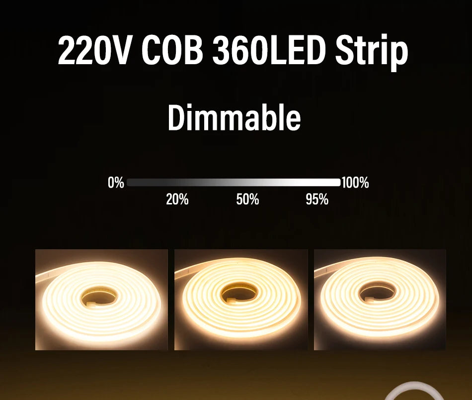 led Strip Brightness Waterproof COB LED Strip 220V Flexible Ribbon for Room Bedroom360 LEDS/m Kitchen Outdoor Garden Lighting