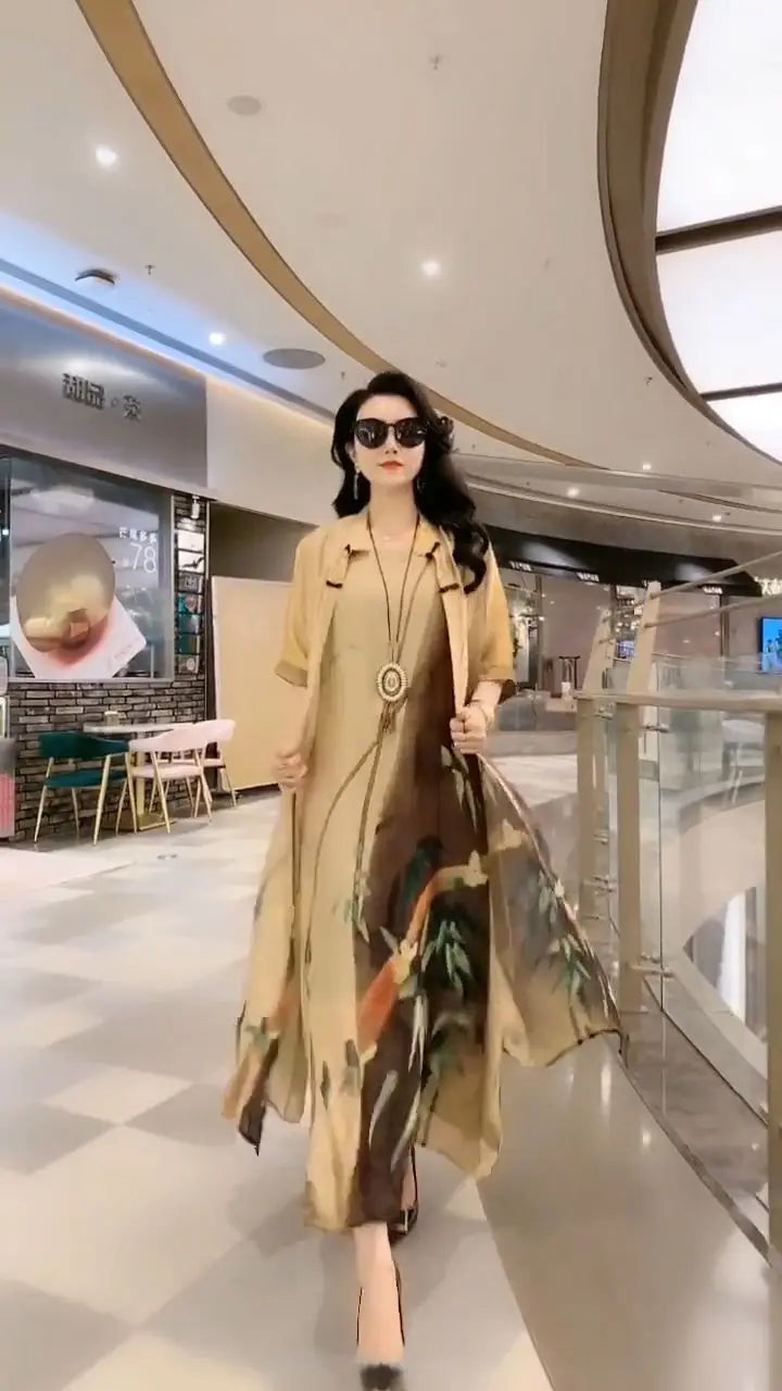 Authentic Silk Dress for Mother, Silkworm Loose Dress, High-End Print, 2-Piece Dress, Women's Dresses, Spring, Summer, New, 2023
