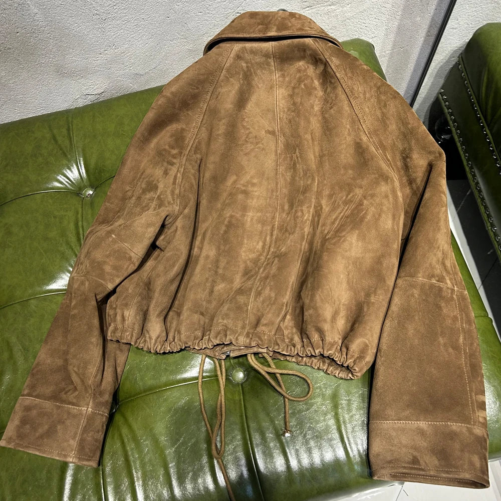 Women's Vintage Suede Jackets Real Sheep Suede Jacket Long Sleeves 2025 Autumn Outerwear