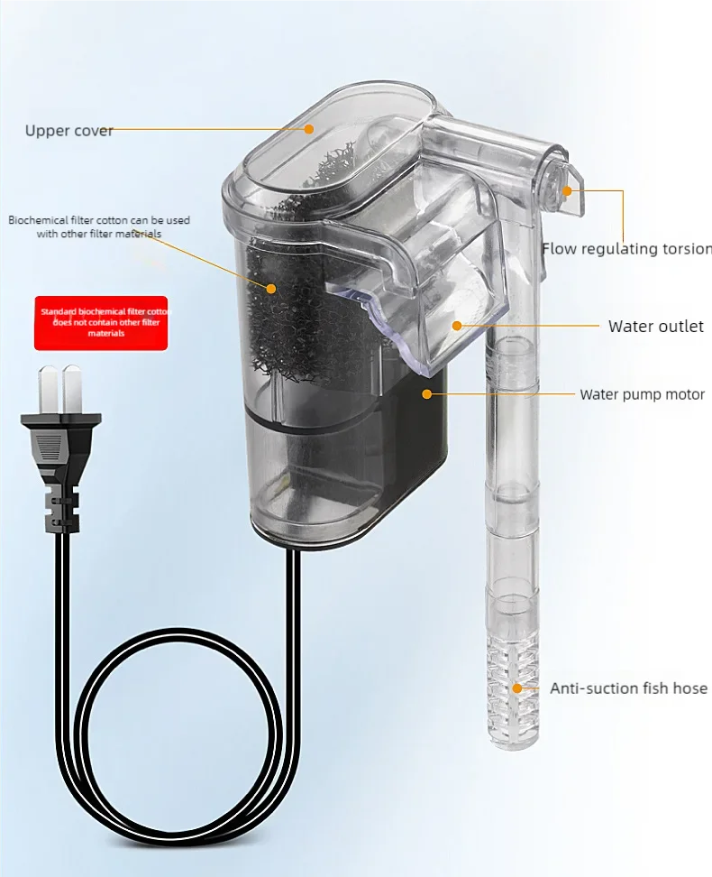 Mini Wall Mounted Aquarium Filter Waterfall Filter for Small Fish Tank USB Filtering Equipment with Filter Media and Circulating