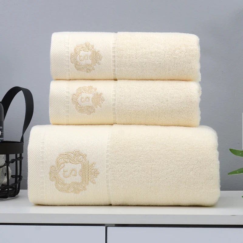 Inyahome Set of 3 Bathroom Cotton Towels Set Embroidered Luxury 2 Hand Towels 35x75cm and Big Bath Towels 70x140cm Washcloth
