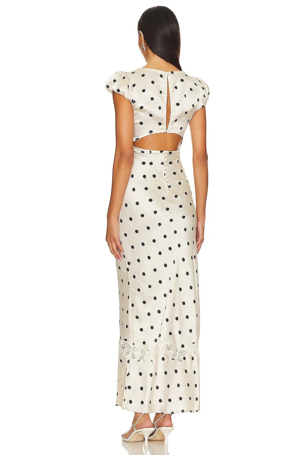 Luxurious Silk Satin Long Dress Elegant Puff Sleeve Polka Dot Floral Gown Sexy Open Back Midi Dresses for Evening Cocktail