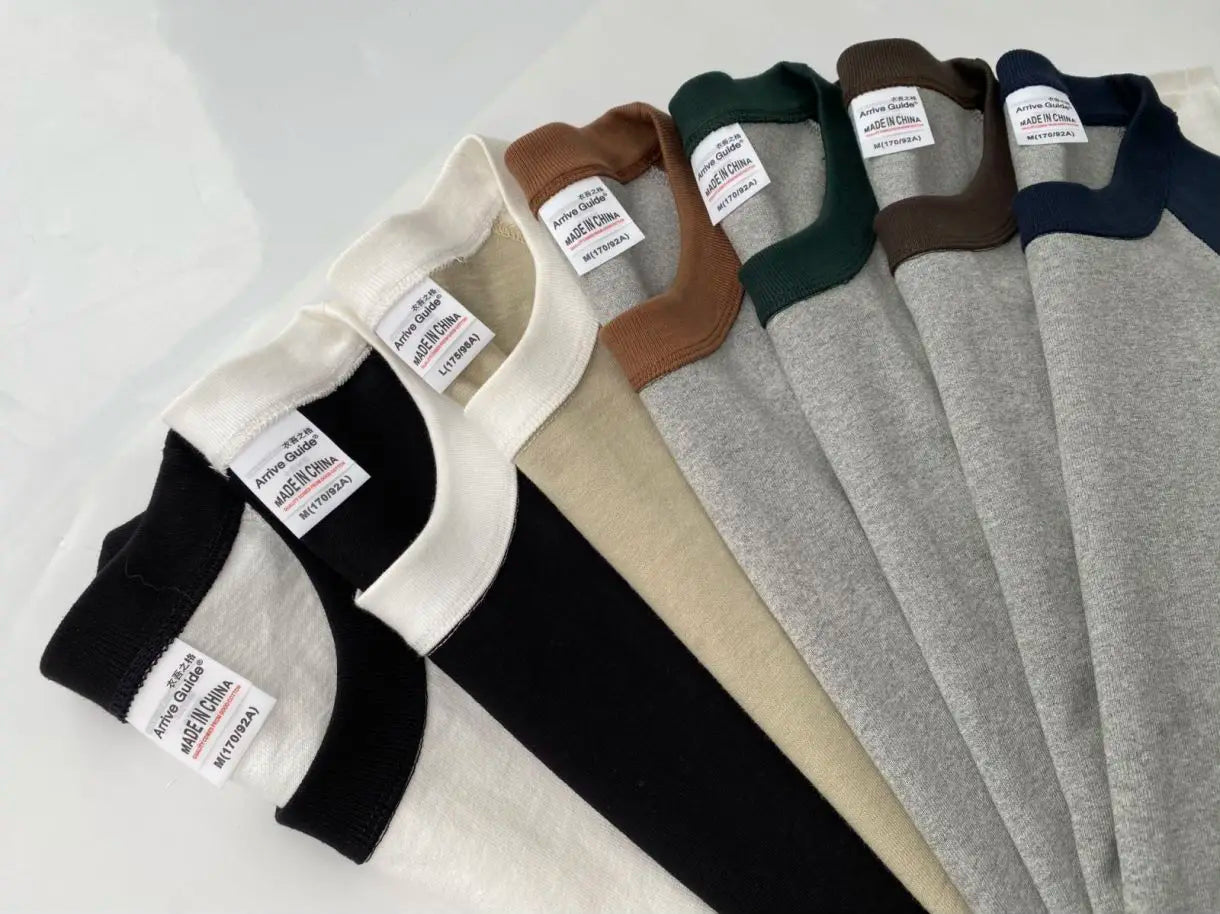 Mens 100% Heavy Cotton T-Shirt 300gsm Oversized Casual Stitching Color Tee Round Neck Loose Fit Knitted Tops Fashion Streetwear