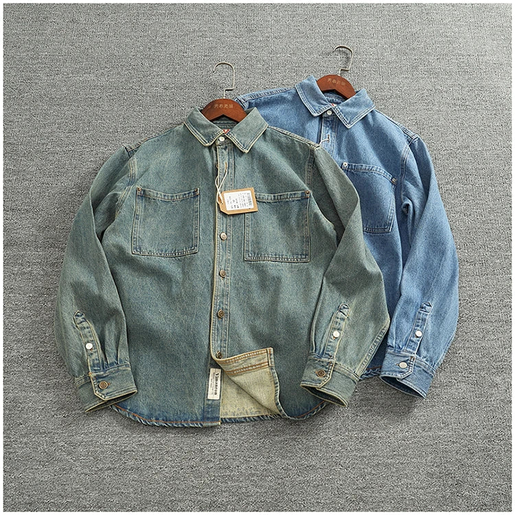 Spring Autumn New American Retro Long-Sleeve Lapel Solid Color Denim Shirt Men's Fashion 100% Cotton Washed Old Casual Blouses