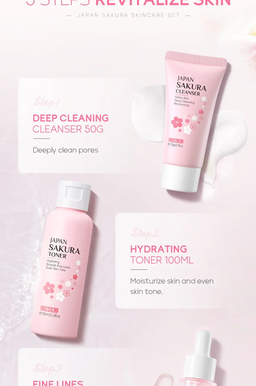 LAIKOU Sakura Kit Skin Care Sets Moisturizing and Reducing Fine Lines Cleansing Pore Product 5-Piece Korean Valentine's Day Gift