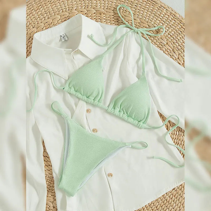 Bathing Suit Women Sexy Solid Halter Swimsuit Special Stripe Fabric Bikini Set Drawstring Lace Up Two-piece Split Beach Biquini