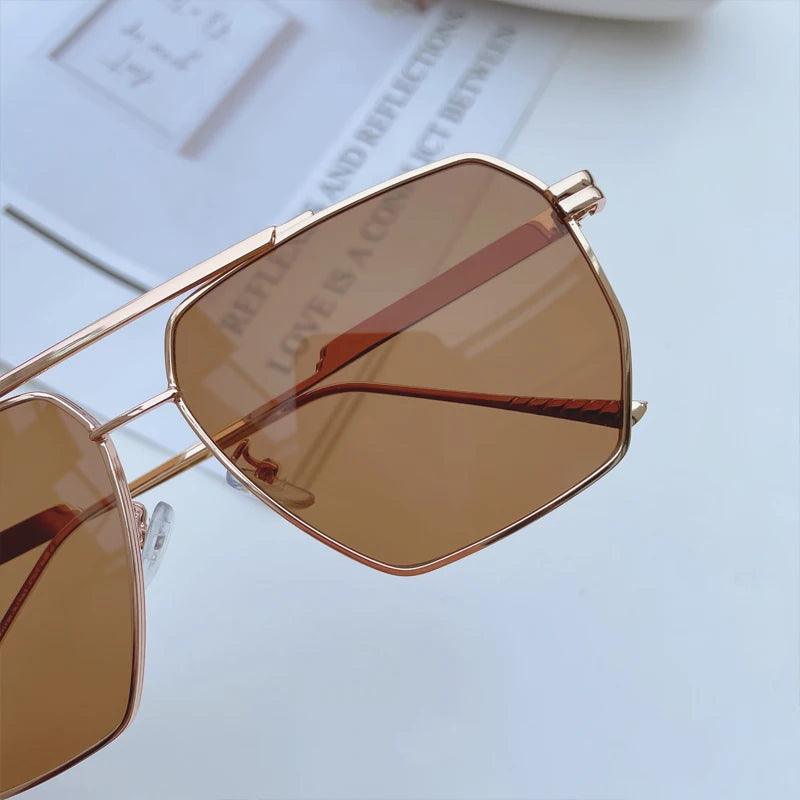 High Quality Square Polarized Sunglasses For Women Retro Oversized Double Bridge Sun Glasses Men Luxury Big Metal Goggle Shades