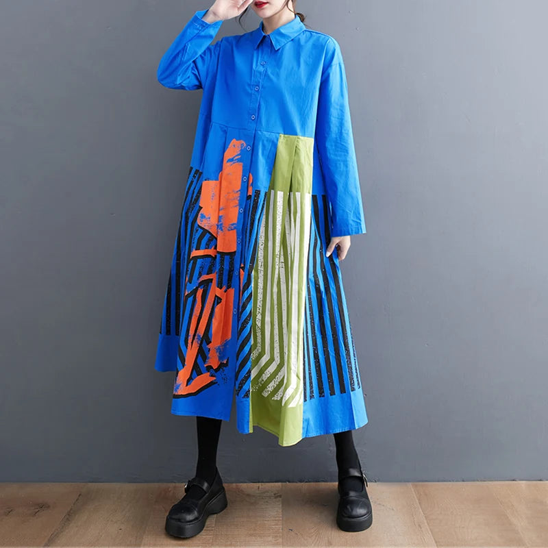 Long Sleeve Patchwork Vintage Print Dresses For Women Loose Casual Midi Dress Robe Fashion Elegant Clothing Spring Autumn 2025