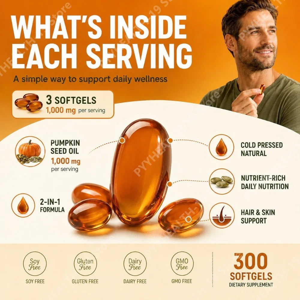 Pumpkin Seed Oil Softgels Cold Pressed 1000mg For Hair Skin Daily Nutrition & Men Wellness Support Formula Adult 300 Count