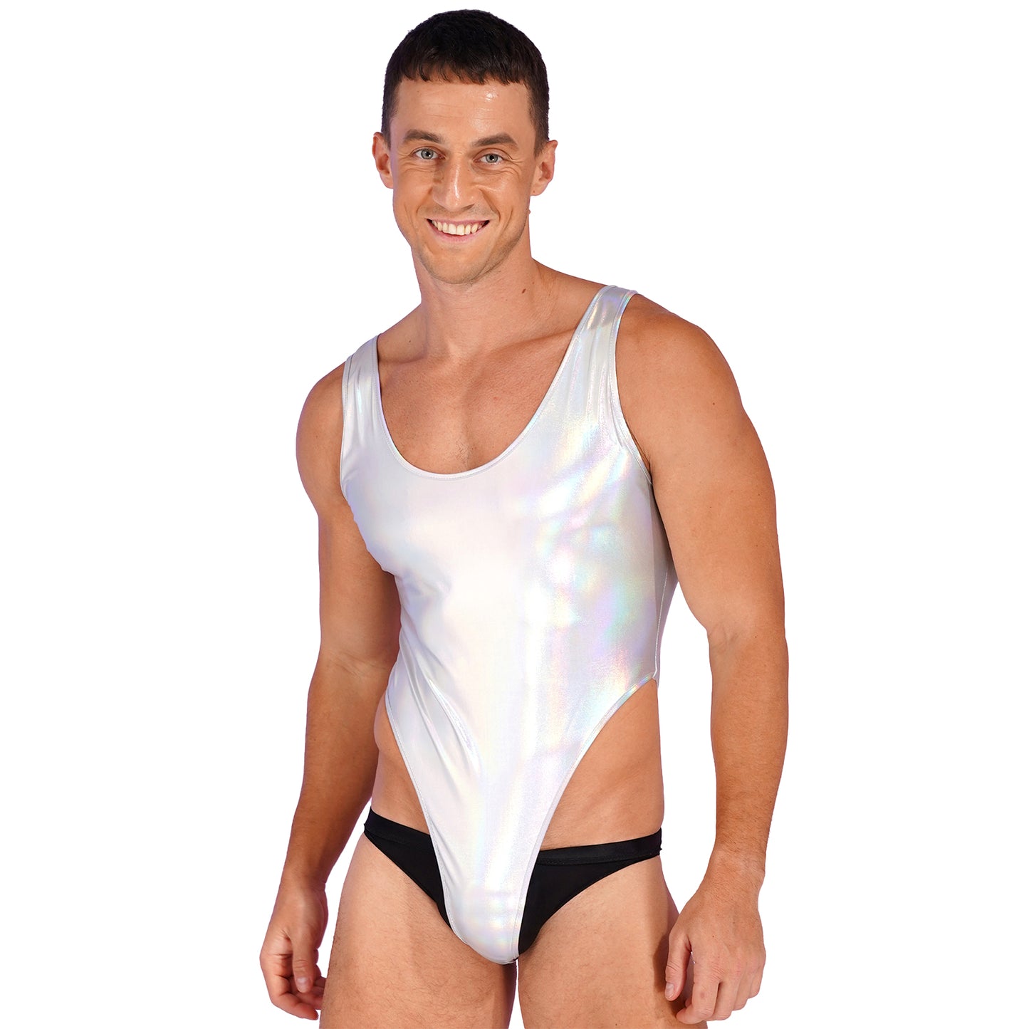 Mens Glossy Bodysuit Fashion One-piece Swimsuit Sleeveless High Cut Wetlook Faux Leather Stretch Leotard Unitard Bathing Suit