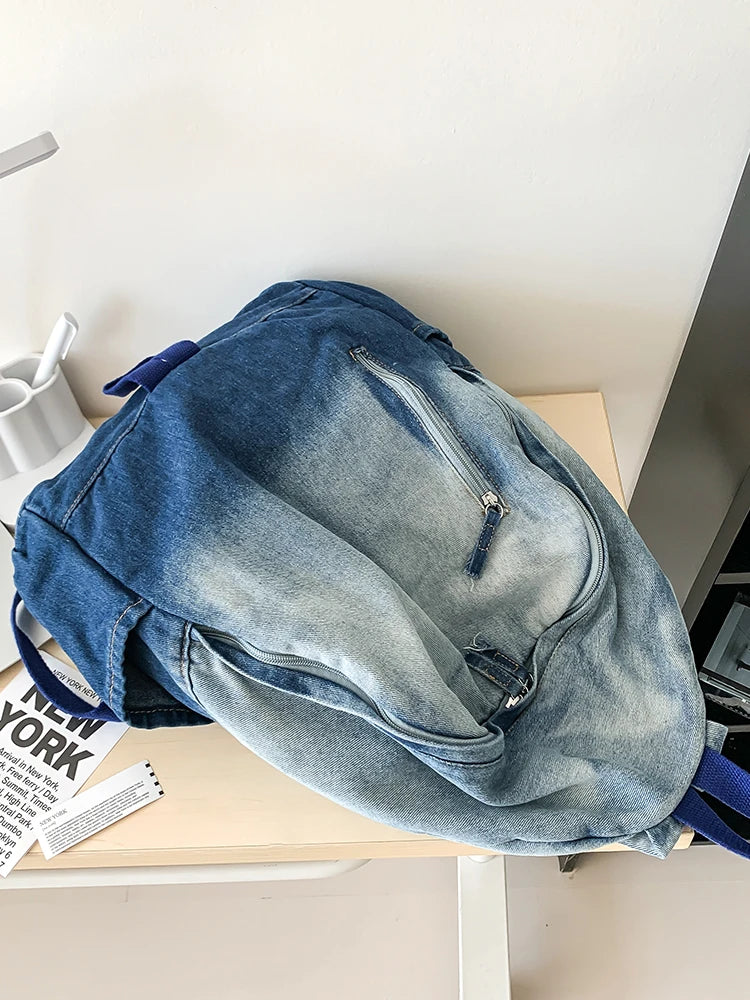 Men's and Women's Backpacks, Student School Bags, Large-Capacity Washed Denim Bags