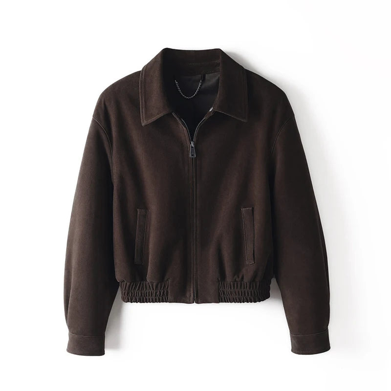 New Goatskin Suede Jacket Autumn Women Coffee Vintage Fashion Maillard Old Money Style Lapel Slim Short Genuine Leather Coat