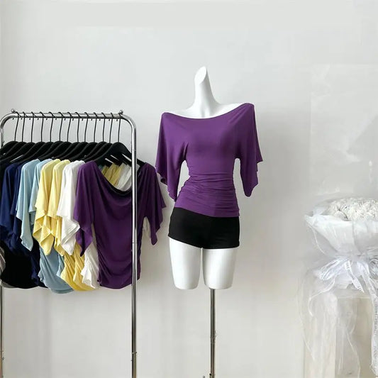 Women's Summer High Stretch Slash Neck Flare Sleeve Slim T Shirt Lady Sexy Pleated Slim Solid Color Pullover Tee Top
