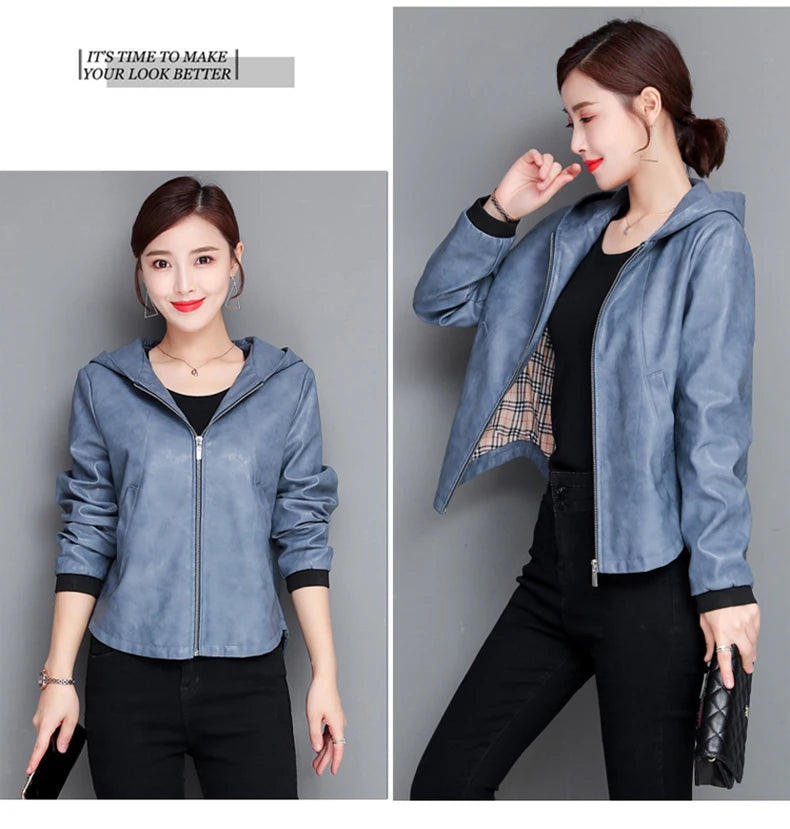 New Women Casual Leather Jacket Spring Autumn Fashion Hooded Zipper Split Leather Loose Outerwear Short Sheepskin Tops Coat