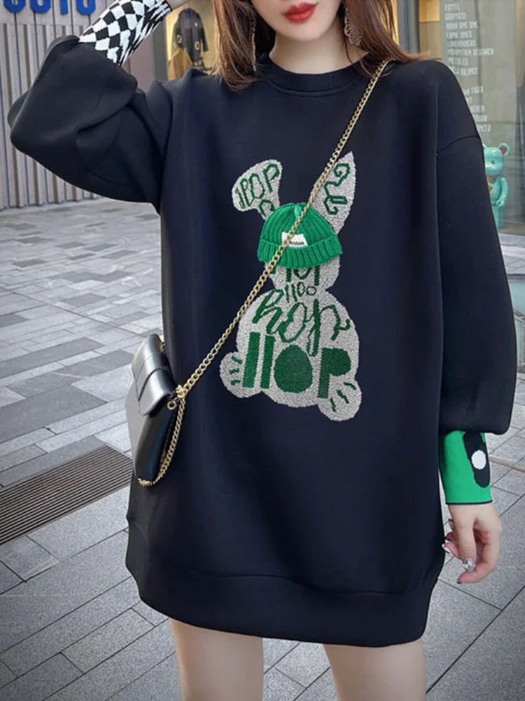 Sweatshirt for Women BlackGraphic Long  Woman Tops Loose Embroidered Pullover Baggy Korean Popular Clothes Emo New in 2025 Trend