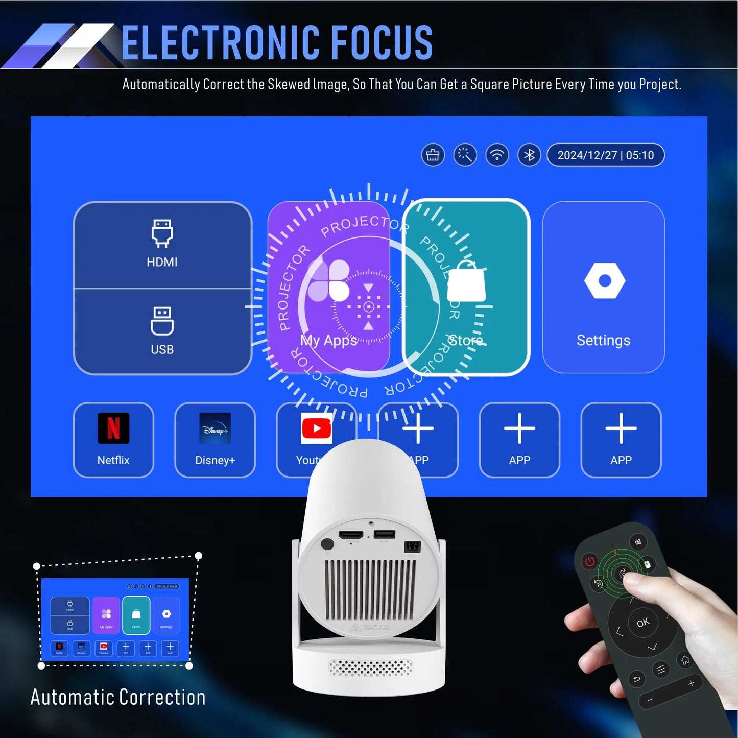 Portable Projector 4K HY300 Plus Android 11 720P Dual Wifi6 BT5.4 Electronic Focus Home Outdoor Theater Mini Projectors Movies
