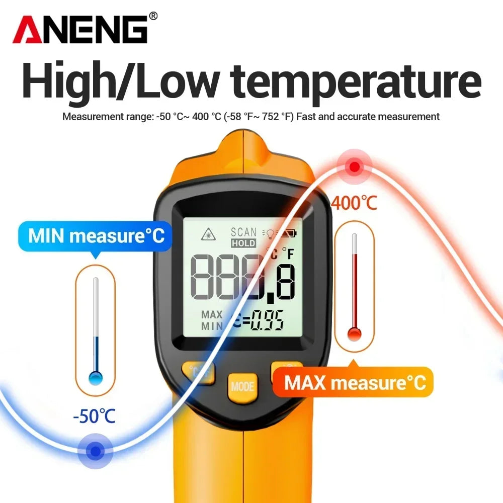 ANENG TH109 Red Laser Thermometer Object Distance Ratio12:1 Non-contact  Temperature Meter -50~400℃  Pyrometer Tester Hygrometer