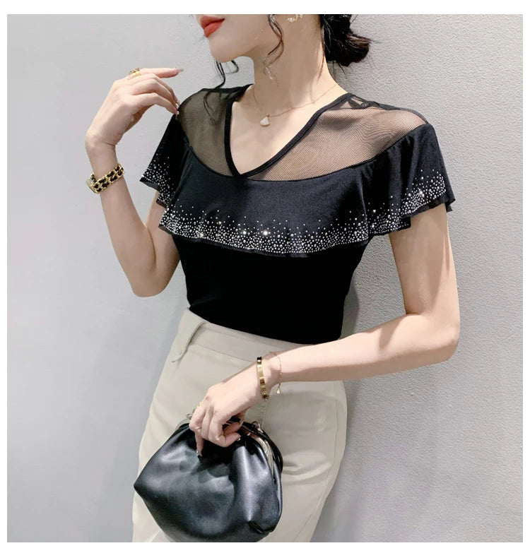 Real Photos Summer Tops Girl Patched Ruffles Mesh V Neck Short Sleeve T Shirt Women Fashion Tees Tshirts Beach Clothing