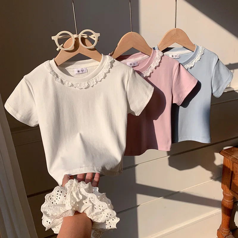 Summer Girls Lace T-shirt Kids Loose Casual Solid Color Short Sleeves Crewneck Tops Baby Girl Cotton Tees Kids Clothes 1-6Years