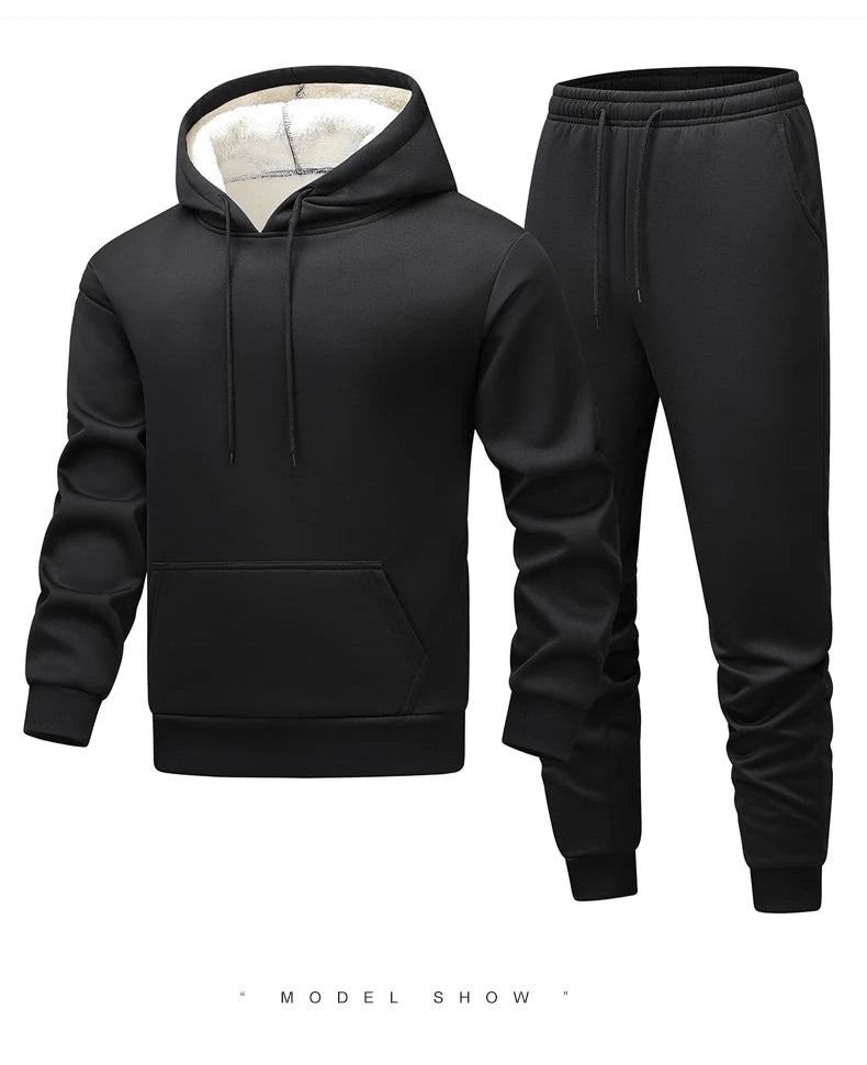 Winter Lambswool Men's Sets Thickened Fleece Sweatshirt Suit Men's Two-piece Hooded Tracksuit Men Sweatshirts Eu Sizes XS-2XL