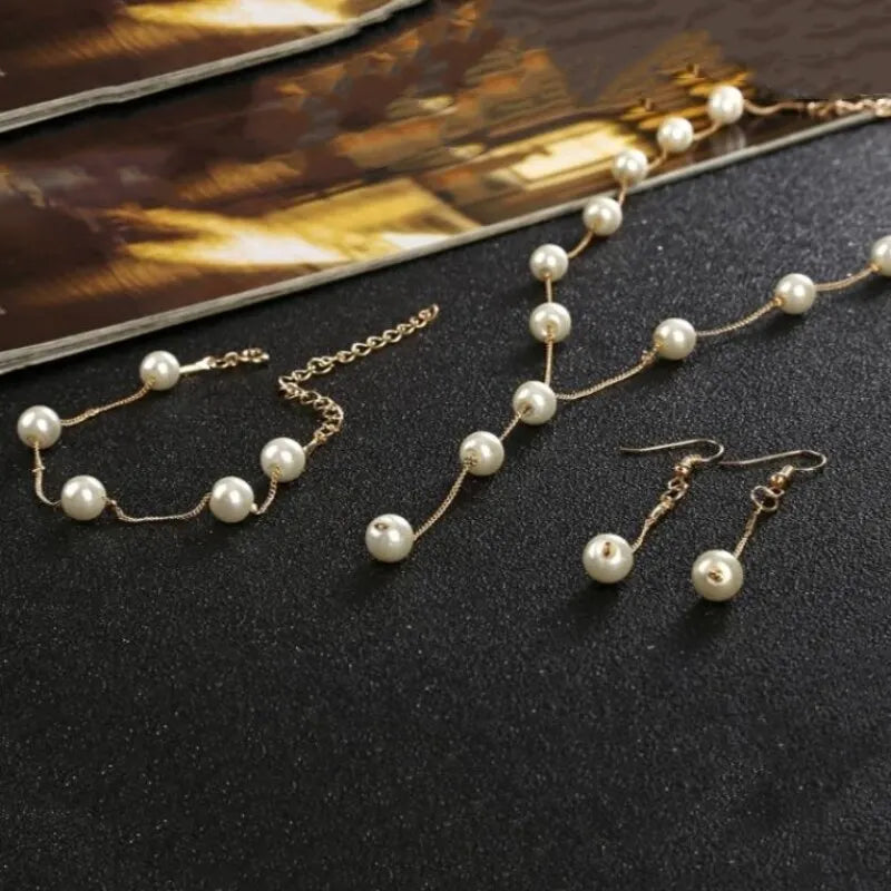 4pcs Gold-color Necklace Earring Bracelet Set Ladies Elegant Imitation-Pearls Collection Temperament Tassel Jewelry