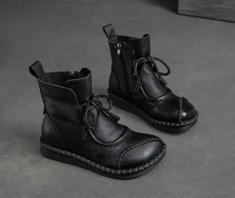 Women's Boots Spring Autumn New Retro Non-Slip Soft Bottom Flat Shoes Comfortable Soft Cowhide Ankle Boots