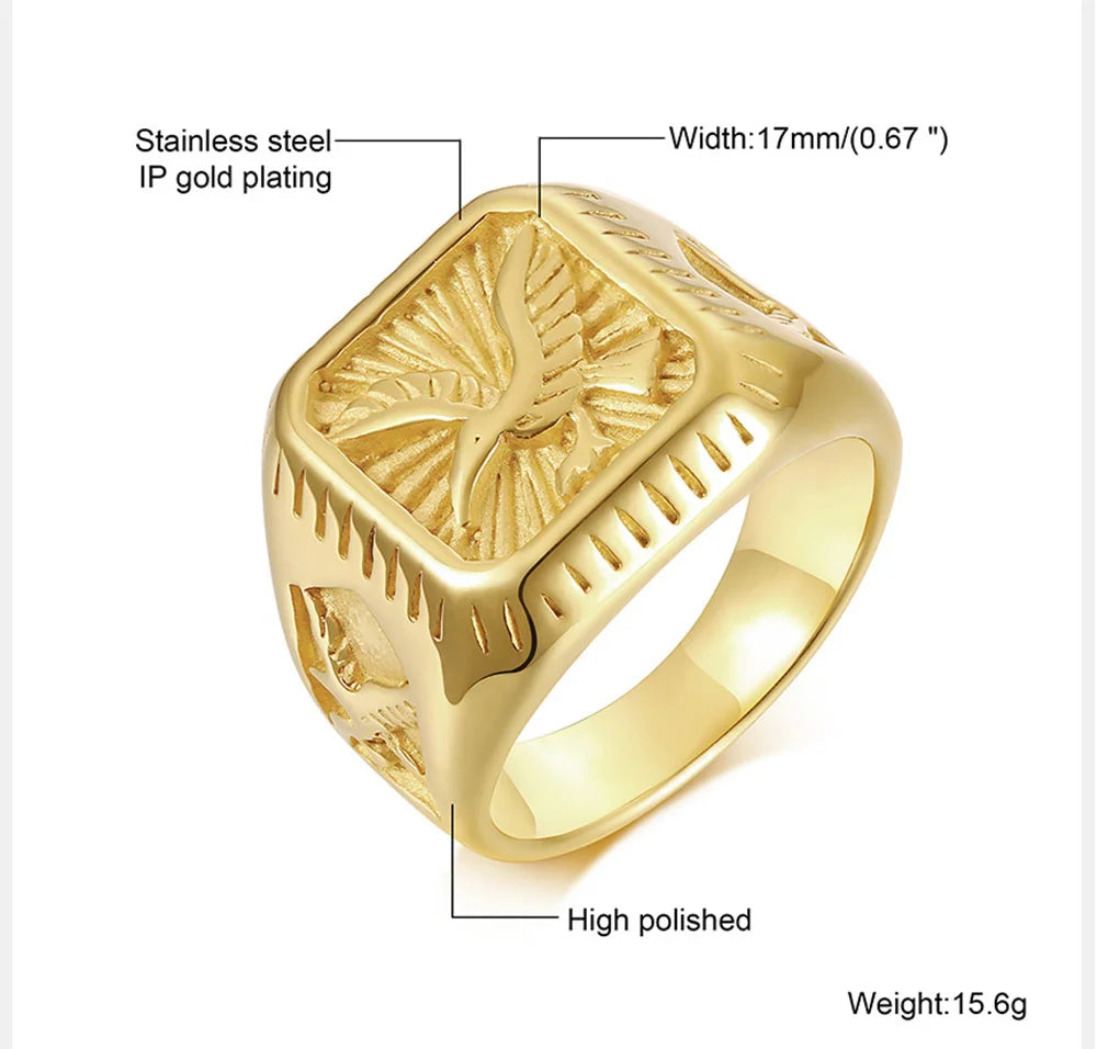 Bald Eagle Signet Ring For Men Gold Plated Bird Stamp Bird Rings Stainless Steel Hawk Band Jewelry