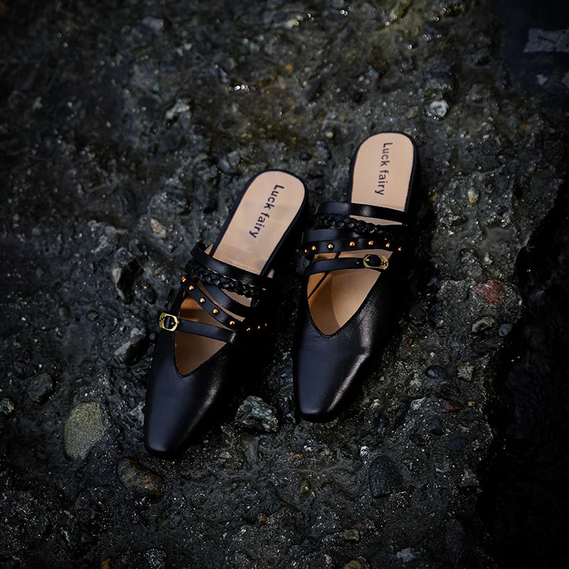 Ods Footwear Designer Rivet Women Flats Slippers Shoes Mules Female Slides Fashion Pointed Toe Ladies Flats Slippers Sandals 40