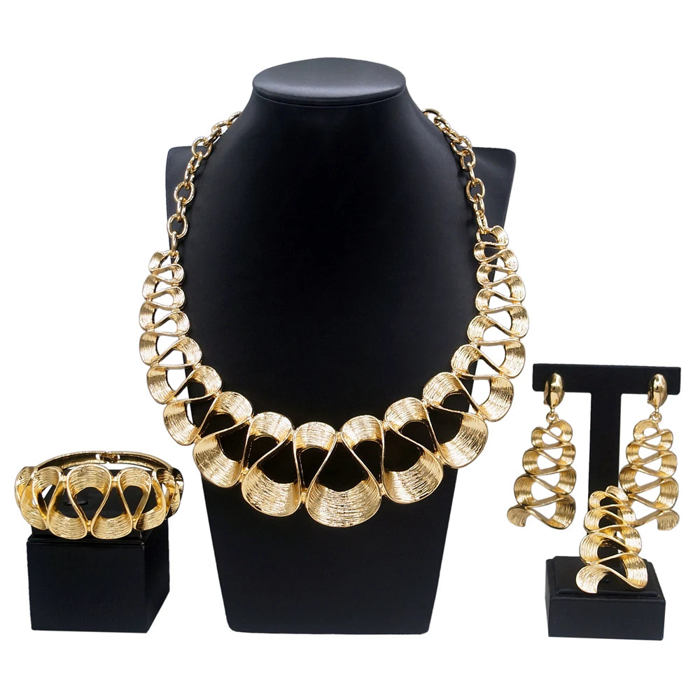 Jewelry Set For Women Gold Plated Wavy Design Fashion Delicate Pendant Necklace Earrings Wedding Holiday Women Jewelry Gifts