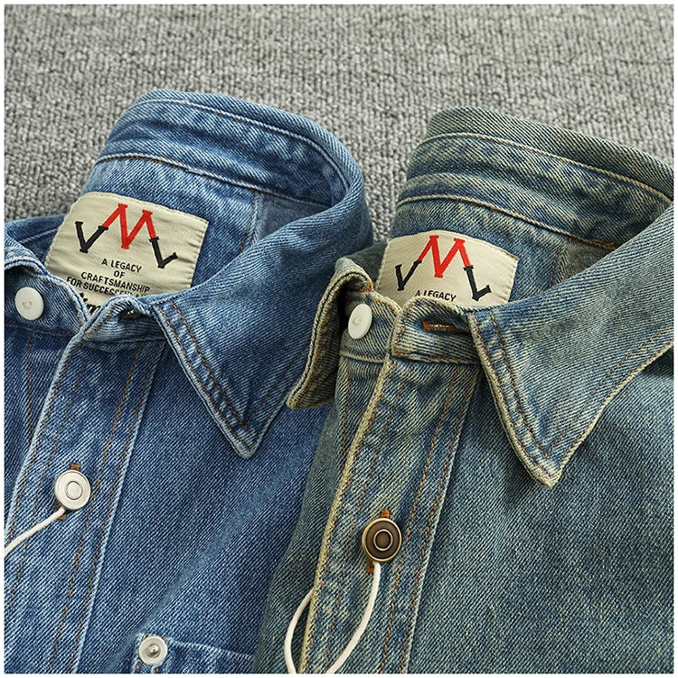 Spring Autumn New American Retro Long-Sleeve Lapel Solid Color Denim Shirt Men's Fashion 100% Cotton Washed Old Casual Blouses